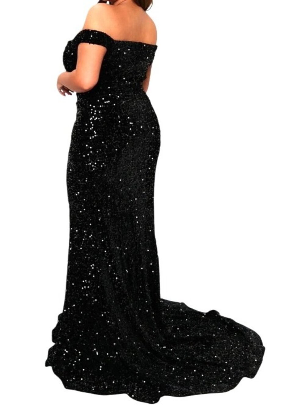 Fashion Nova Black Sequin Off The Shoulder Gown With Mermaid Hemline Size XL
